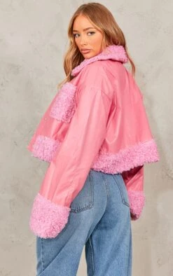 Prettylittlething Pink Borg Pocket Front Faux Leather Cropped Coat