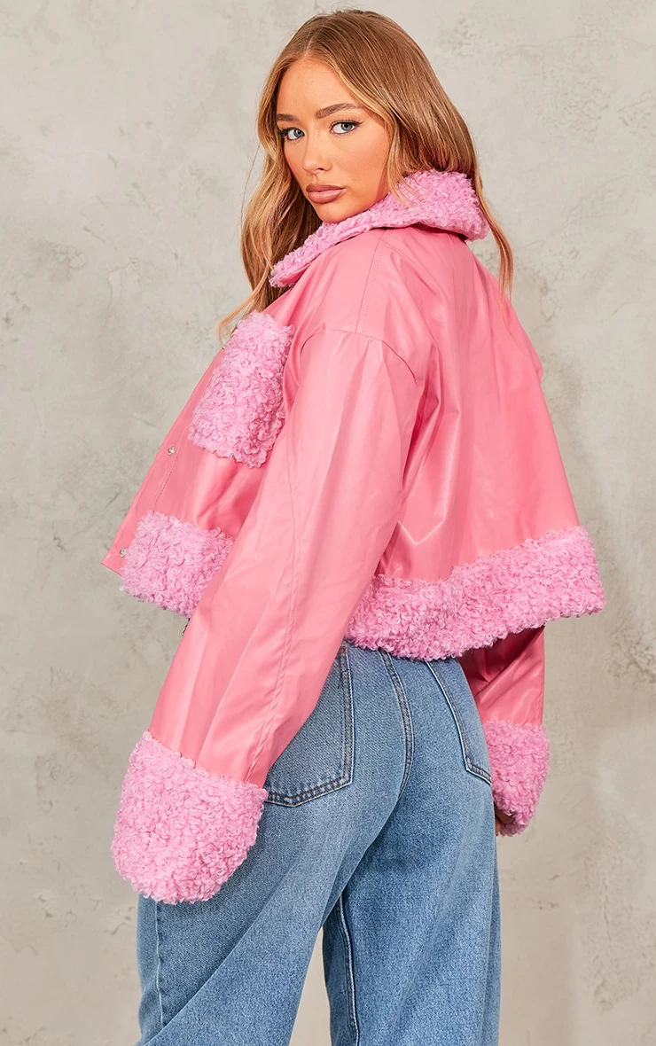 Prettylittlething Pink Borg Pocket Front Faux Leather Cropped Coat 1 Prettylittlething Pink Borg Pocket Front Faux Leather Cropped Coat