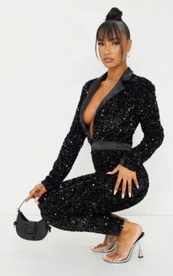 Prettylittlething Black Velvet Sequin Plunge Front Tailored Jumpsuit -Pretty Little Thing Shop 9260ba890f78dc3e9a47593eae6bc66120780bcd cmn7130 3