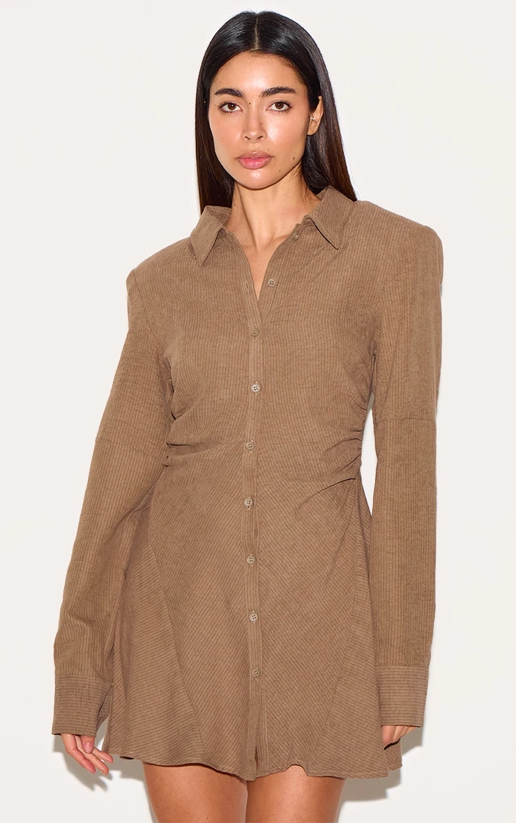 Prettylittlething Mushroom Structured Ruched Detail Long Sleeve Shirt Dress