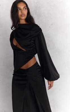 Black Satin Cut Out Long Sleeve Blouse