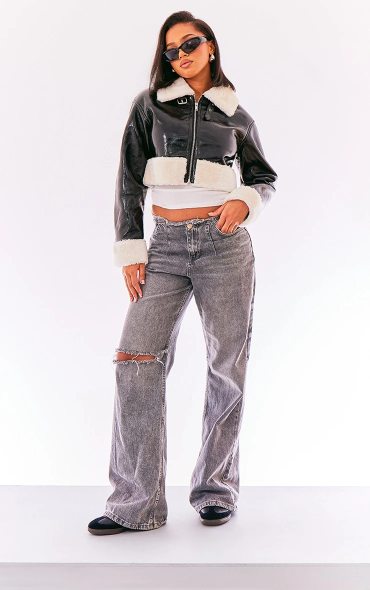 Prettylittlething Black Faux Fur Trim Buckle Collar Vinyl Cropped Jacket 3 Prettylittlething Black Faux Fur Trim Buckle Collar Vinyl Cropped Jacket - Image 3