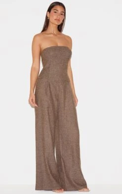 Prettylittlething Taupe Tailored Herringbone Bandeau Wide Leg Jumpsuit