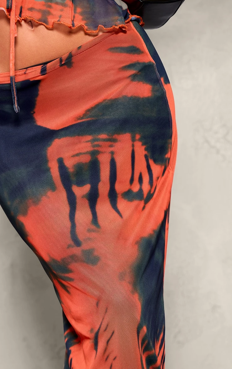 Prettylittlething Orange Abstract Print Mesh Low Rise Maxi Skirt 4 Prettylittlething Orange Abstract Print Mesh Low Rise Maxi Skirt - Image 4