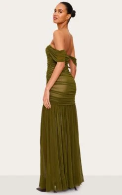 Prettylittlething Olive Mesh Bardot Ruched Detail Maxi Dress -Pretty Little Thing Shop 9331efed86b7684946125a12f81acfa6677f871f CNL7974 2 olive mesh bardot ruched detail maxi dress
