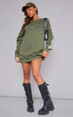 Prettylittlething Khaki Pennsylvania Graphic Embroidered Sweater Dress