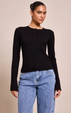 Prettylittlething Black Button Through Fine Knit Cardigan