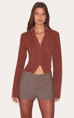 Prettylittlething Brown Corduroy Fitted Shirt