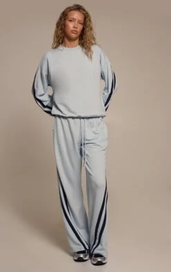 Blue Contrast Striped Wide Leg Sweatpants