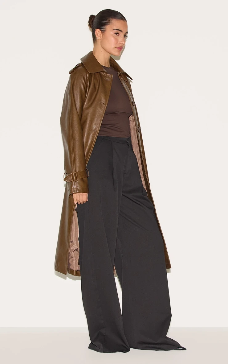 Prettylittlething Chocolate Mid Length Faux Leather Trench Coat 3 Prettylittlething Chocolate Mid Length Faux Leather Trench Coat - Image 3