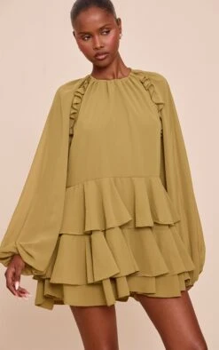 Prettylittlething Olive Chiffon Frill Detail Shift Romper