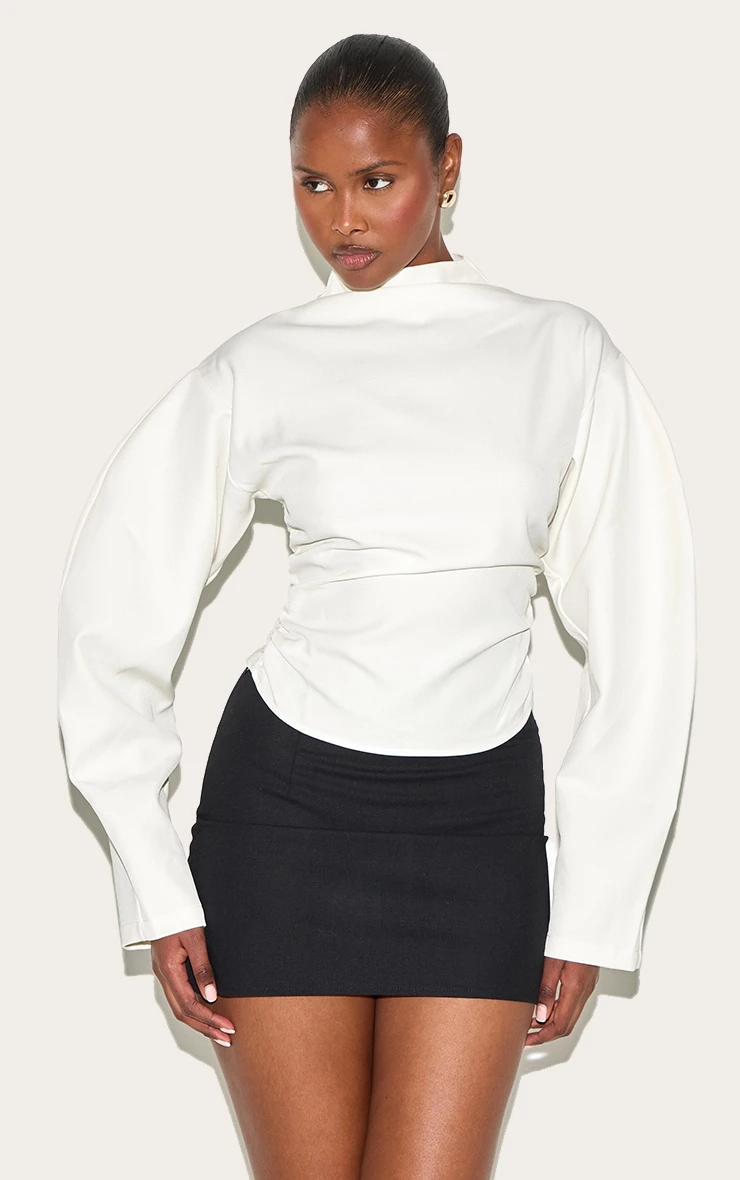 Prettylittlething Cream Woven Highneck Fitted Top 1 Prettylittlething Cream Woven Highneck Fitted Top