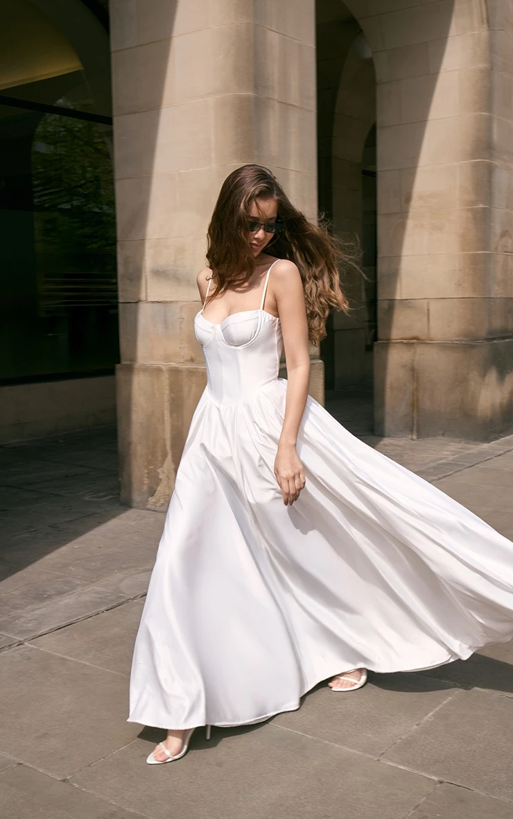 Prettylittlething Premium White Satin Corset Skater Maxi Dress 1 Prettylittlething Premium White Satin Corset Skater Maxi Dress