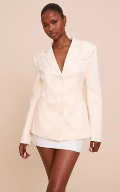 Prettylittlething Off White Cinched Back Single Breasted Blazer