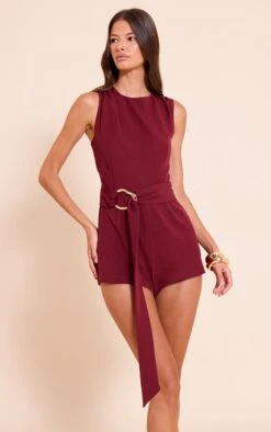Burgundy Woven Crew Neck Belt Romper
