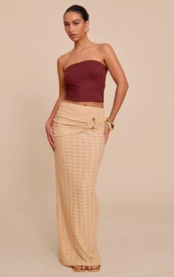 Prettylittlething Stone Textured Wooden Trim Maxi Skirt