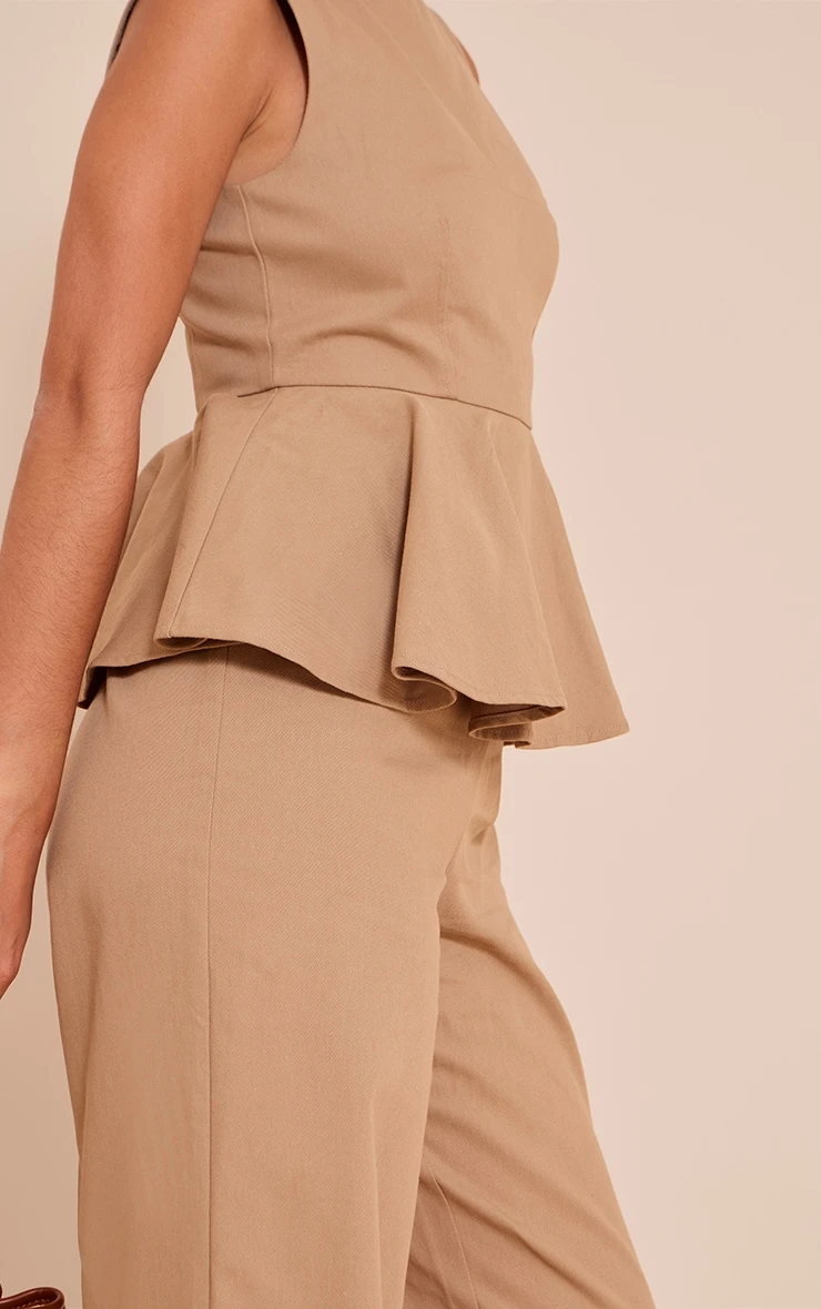 Prettylittlething Mocha Cotton Peplum Detail Wide Leg Jumpsuit 4 Prettylittlething Mocha Cotton Peplum Detail Wide Leg Jumpsuit - Image 4