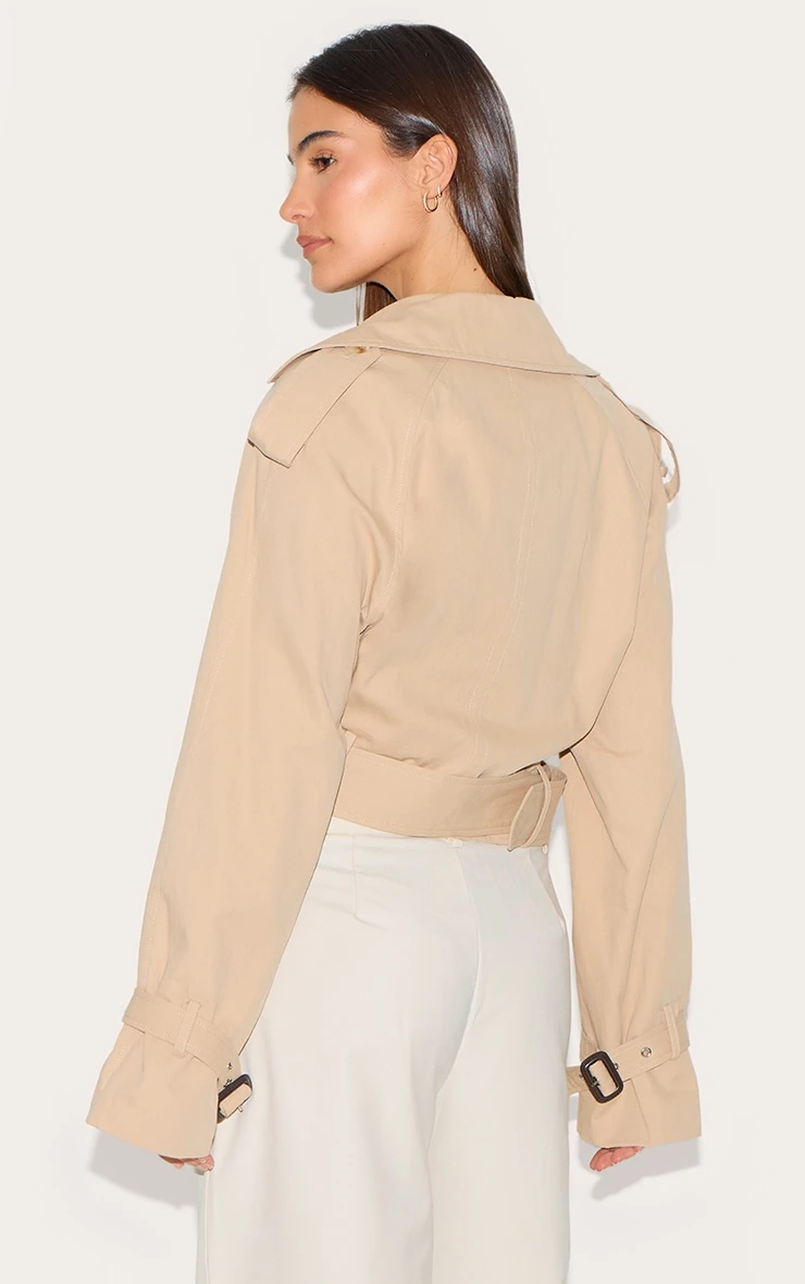 Prettylittlething Beige Cropped Belted Hem Trench Coat 2 Prettylittlething Beige Cropped Belted Hem Trench Coat - Image 2