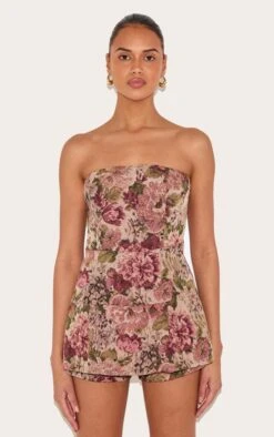 Prettylittlething Stone Floral Jacquard Bandeau Pleated Skort Romper