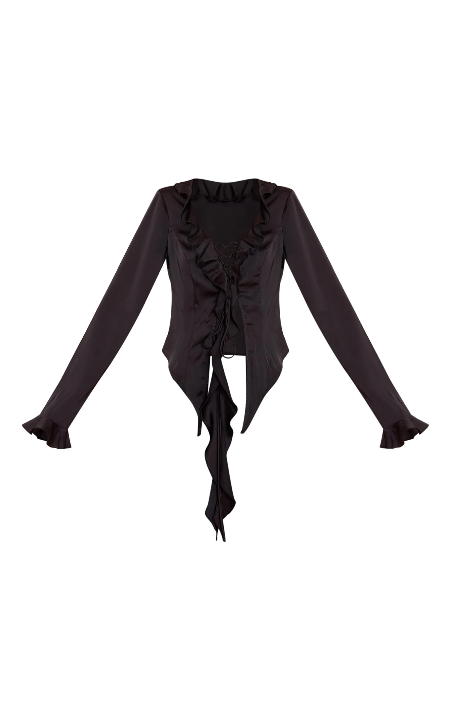 Prettylittlething Black Satin Frill Tie Front Long Sleeve Top 5 Prettylittlething Black Satin Frill Tie Front Long Sleeve Top - Image 5