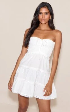 Prettylittlething White Bandeau Shirred Broderie Trim Shift Dress