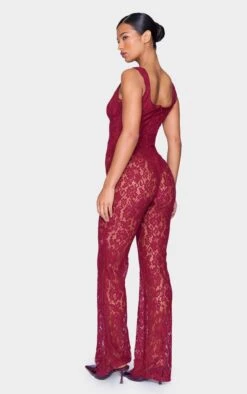 Prettylittlething Burgundy Lace Boning Detail Strappy Flared Jumpsuit -Pretty Little Thing Shop 9632a600c07f70301bf19d7aa29efc9d1f3f1347 cnk9395 2