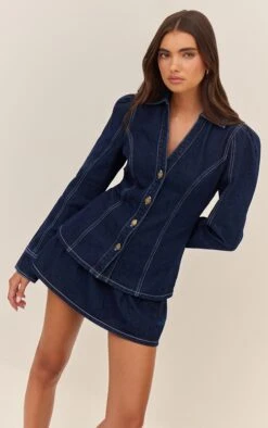 Prettylittlething Indigo Floaty Pleated Denim Mini Skirt