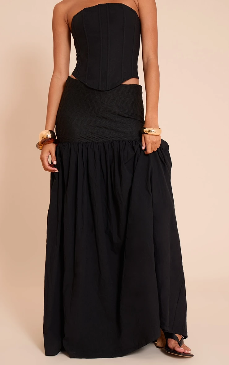 Prettylittlething Black Textured Drop Waist Lightweight Woven Maxi Skirt - Image 2