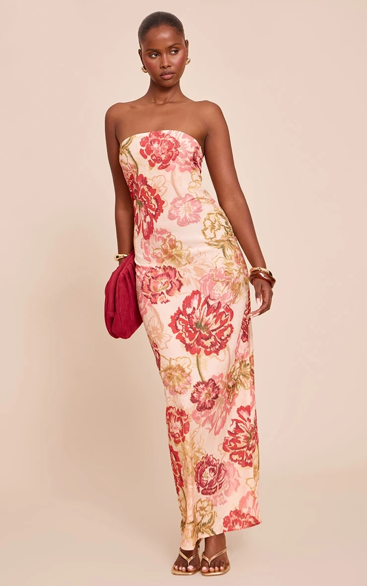 Prettylittlething Multi Floral Print Chiffon Bandeau Maxi Dress - Image 3