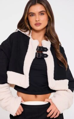 Prettylittlething Black Cropped Denim Borg Contrast Aviator Jacket -Pretty Little Thing Shop 9718ea394fc8e0f2c599d2054d31ede7ee23607f cna3229 4