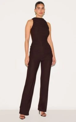Prettylittlething Chocolate Soft Touch Ruched Straight Leg Jumpsuit