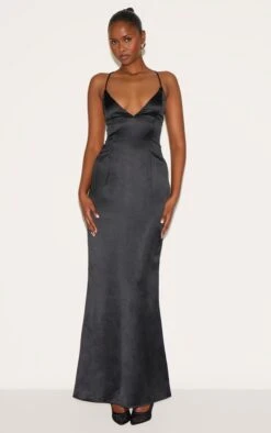 Prettylittlething Black Satin Tie Back Maxi Dress