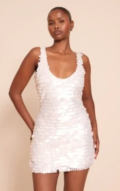 Prettylittlething Cream Sequin Scoop Neck Mini Dress