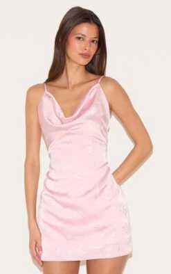 Prettylittlething Pale Rose Satin Leaf Print Cowl Neck Mini Dress -Pretty Little Thing Shop 97e98f7e014a38d456447b9bd2790f785375e6cc CNM1564 4 pale rose satin leaf print cowl neck mini dress