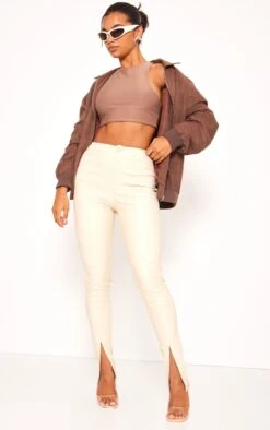 Cream Split Hem Faux Leather Skinny Pants