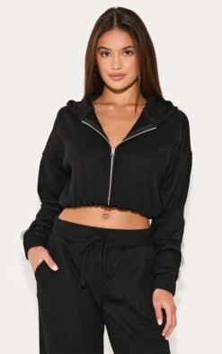 Prettylittlething Black Waffle Detail Hooded Cropped Jacket
