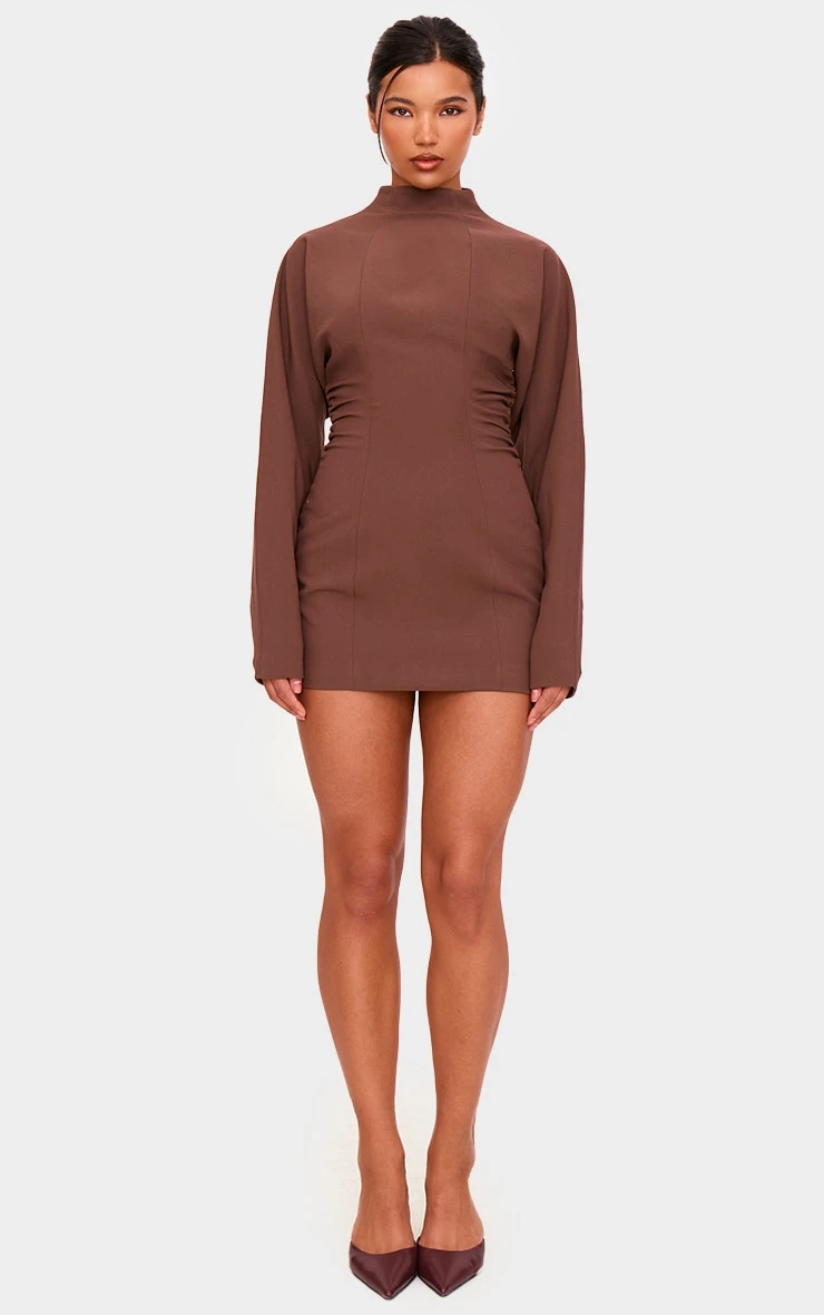 Prettylittlething PLT Label Chocolate Batwing Sleeved Pleated Bodycon Dress 3 Prettylittlething PLT Label Chocolate Batwing Sleeved Pleated Bodycon Dress - Image 3