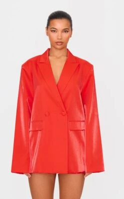 Prettylittlething Red Satin Look Oversized Boxy Blazer