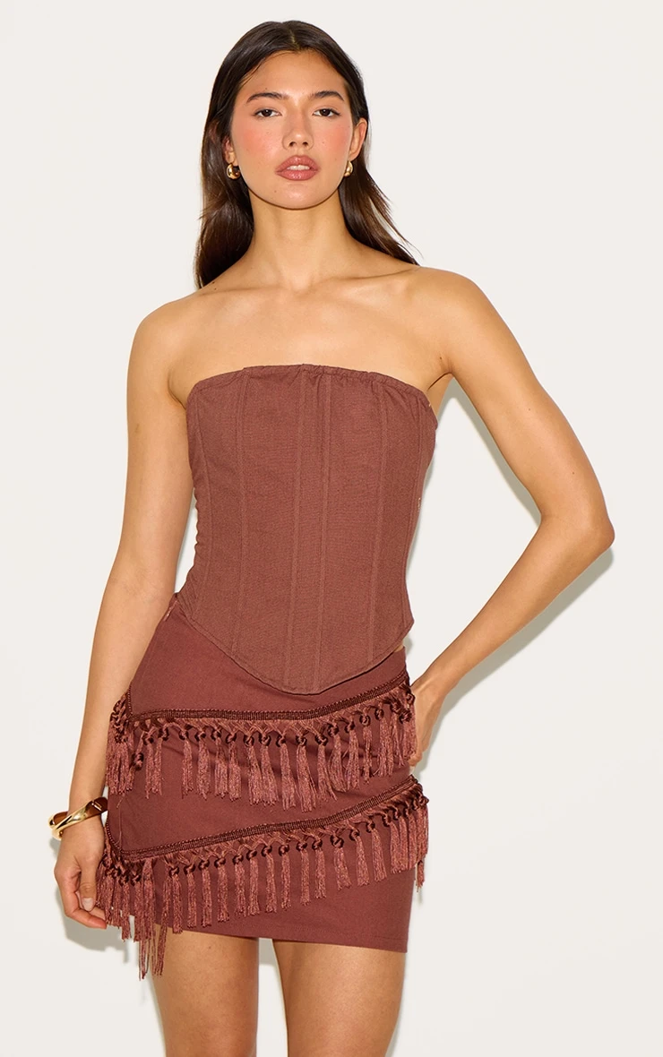 Prettylittlething Chocolate Linen Tassle Detail Mini Skirt 2 Prettylittlething Chocolate Linen Tassle Detail Mini Skirt - Image 2