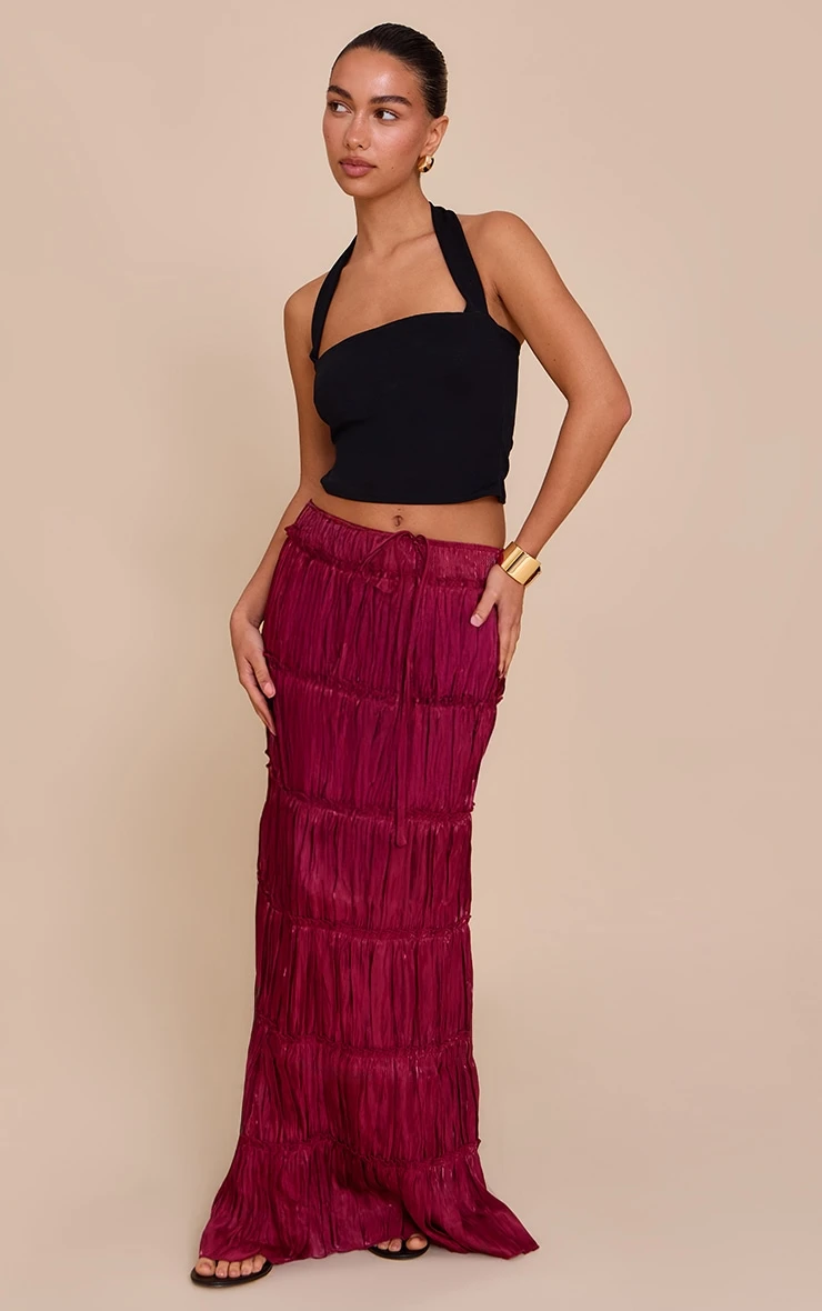 Prettylittlething Deep Red Drawstring Frill Tiered Maxi Skirt 1 Prettylittlething Deep Red Drawstring Frill Tiered Maxi Skirt