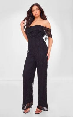 Prettylittlething Black Shimmer Floral Lace Bardot Jumpsuit