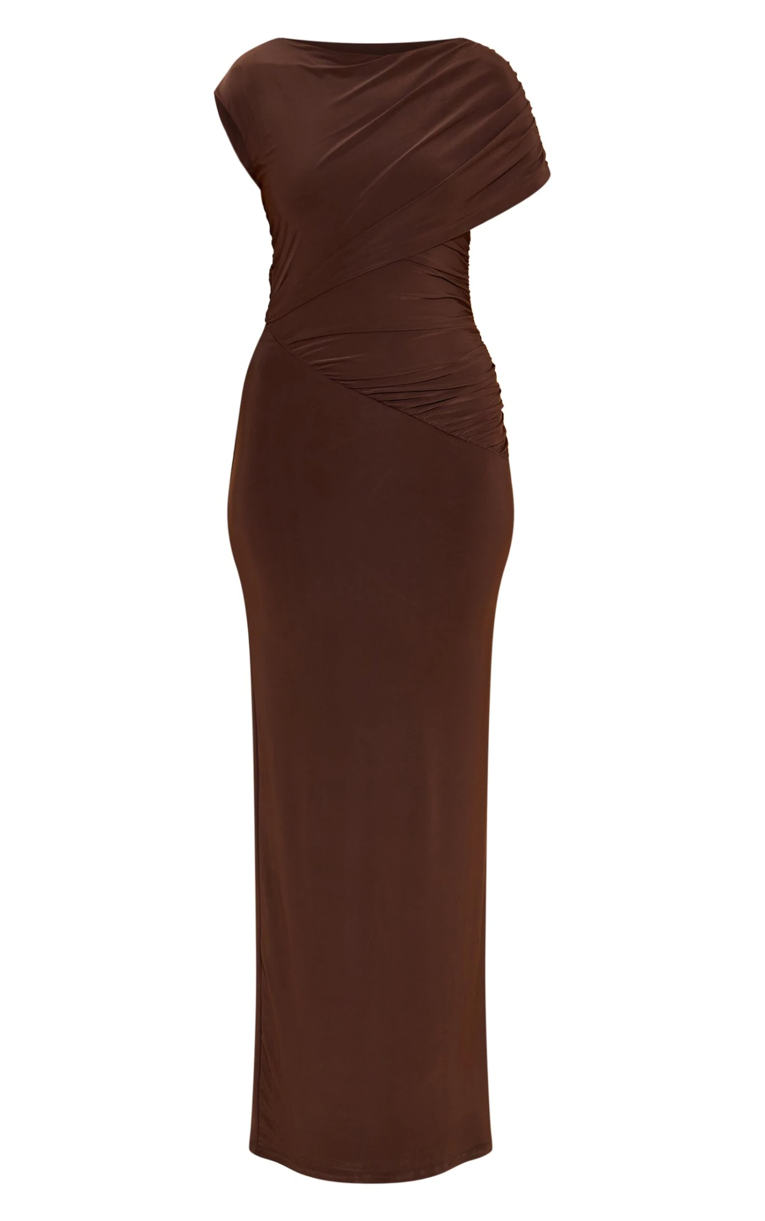 Prettylittlething Chocolate Double Layer Slinky Off Shoulder Drape Maxi Dress - Image 5