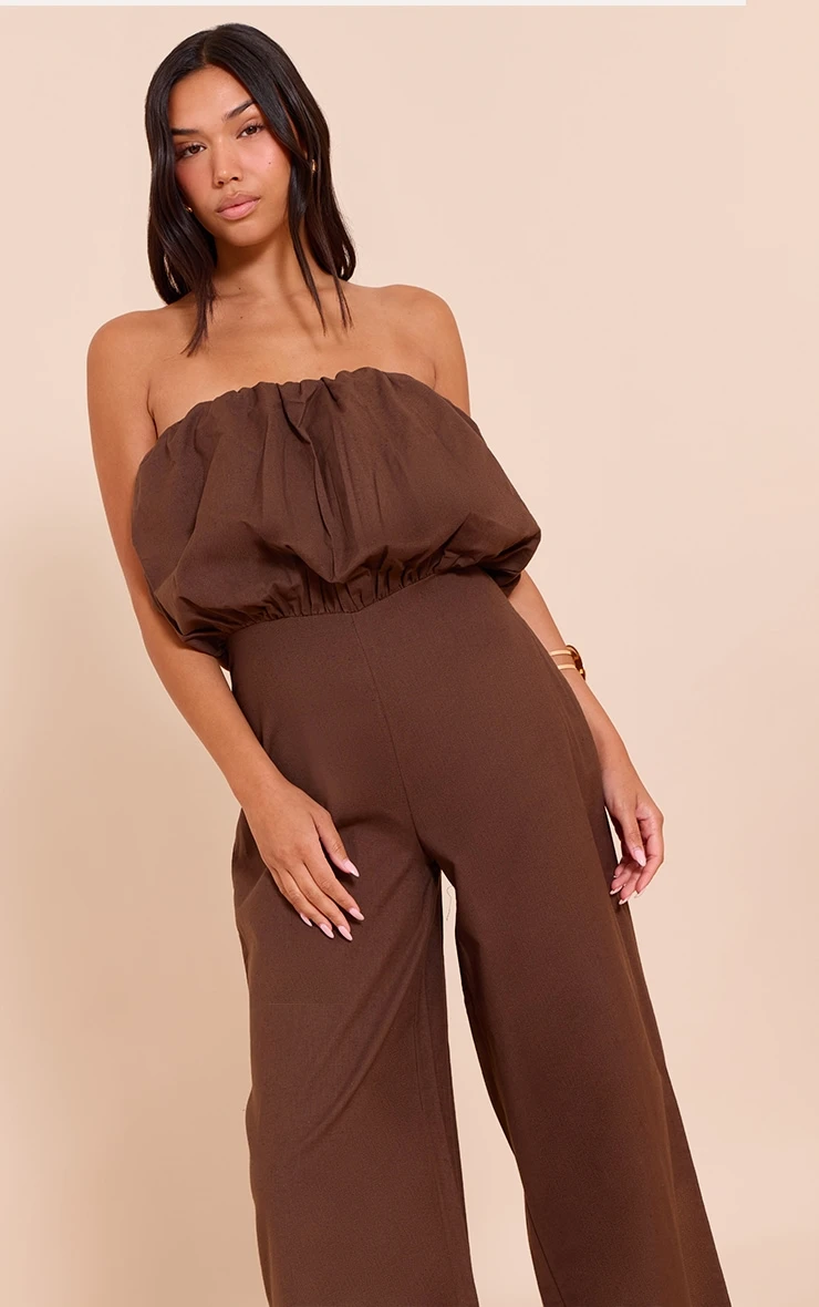 Prettylittlething Dark Chocolate Cotton Puffball Bandeau Straight Leg Jumpsuit 4 Prettylittlething Dark Chocolate Cotton Puffball Bandeau Straight Leg Jumpsuit - Image 4