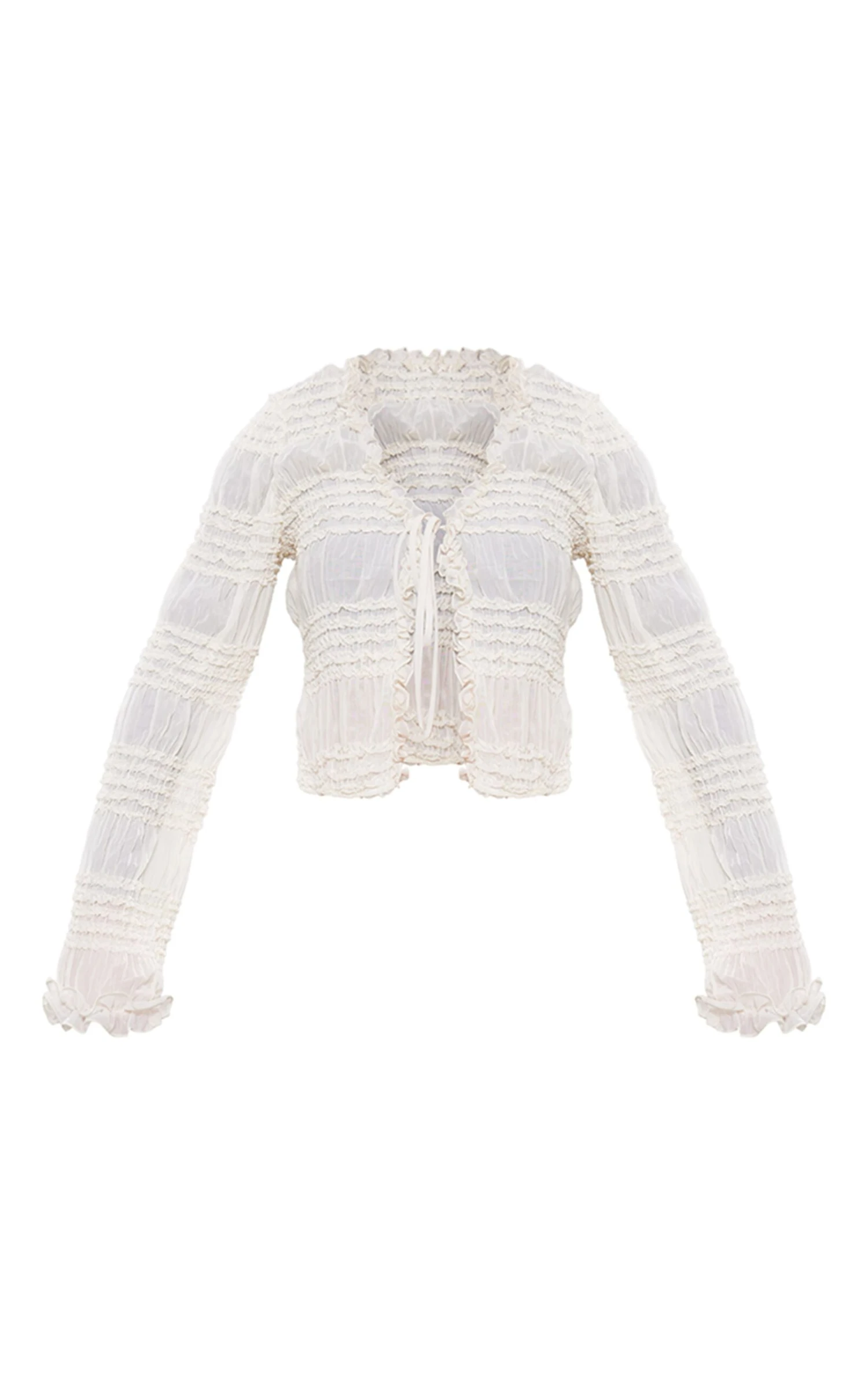 Cream Textured Woven Frill Tie Long Top 4 Cream Textured Woven Frill Tie Long Top - Image 4