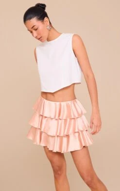 Prettylittlething Almond Satin Tiered Flippy Mini Skirt