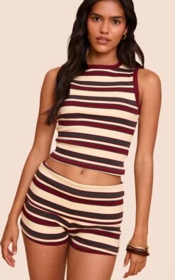 Prettylittlething Burgundy Striped Fold Over Rib Hot Pants