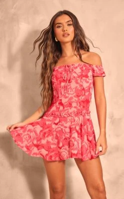Prettylittlething Hot Pink Abstract Print Frill Bardot Shift Dress