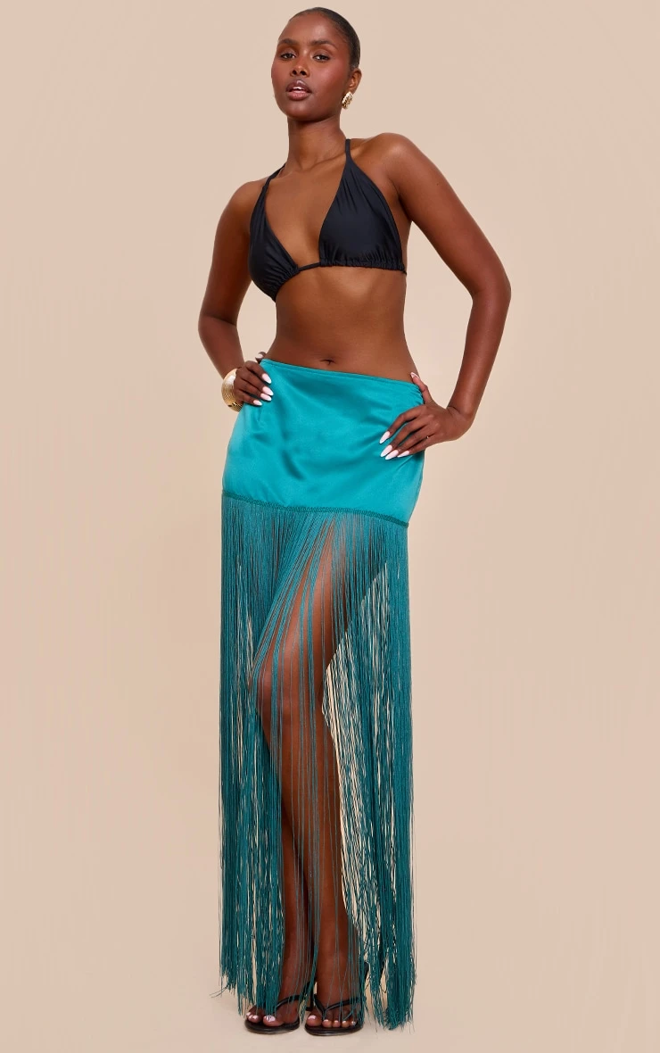 Prettylittlething Teal Satin Extreme Tassel Trim Mini Skirt 4 Prettylittlething Teal Satin Extreme Tassel Trim Mini Skirt - Image 4