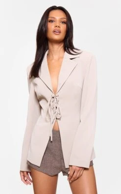 Prettylittlething Mushroom Lace Up Tie Front Blazer