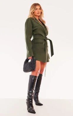 Prettylittlething Khaki Woven Button Belted Blazer Dress